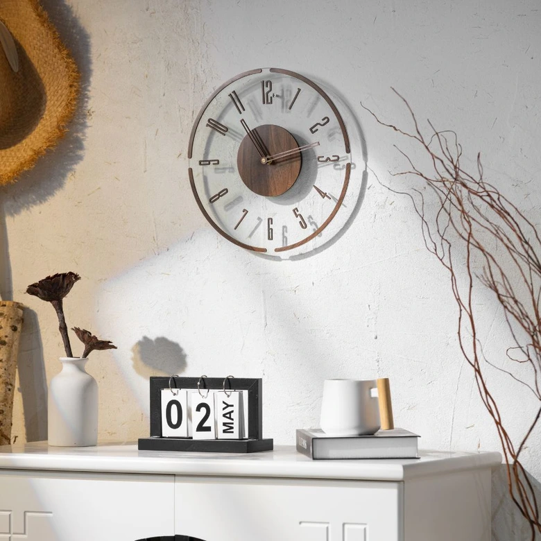 Moderne Glasuhr mit Holz, transparent/braun | Ø30 cm 