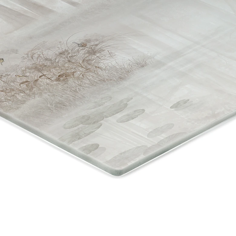 Glasbild Wald am See im Nebel in Beige - Ms Tiff 