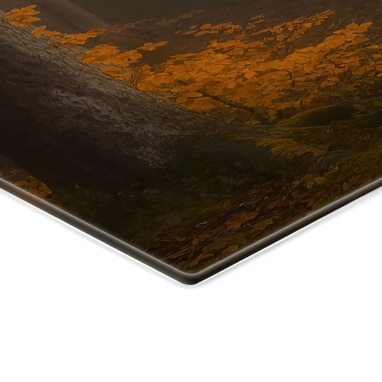 Tableau en verre Feuilles d'or dans la forêt brumeuse - Maier - Panorama 