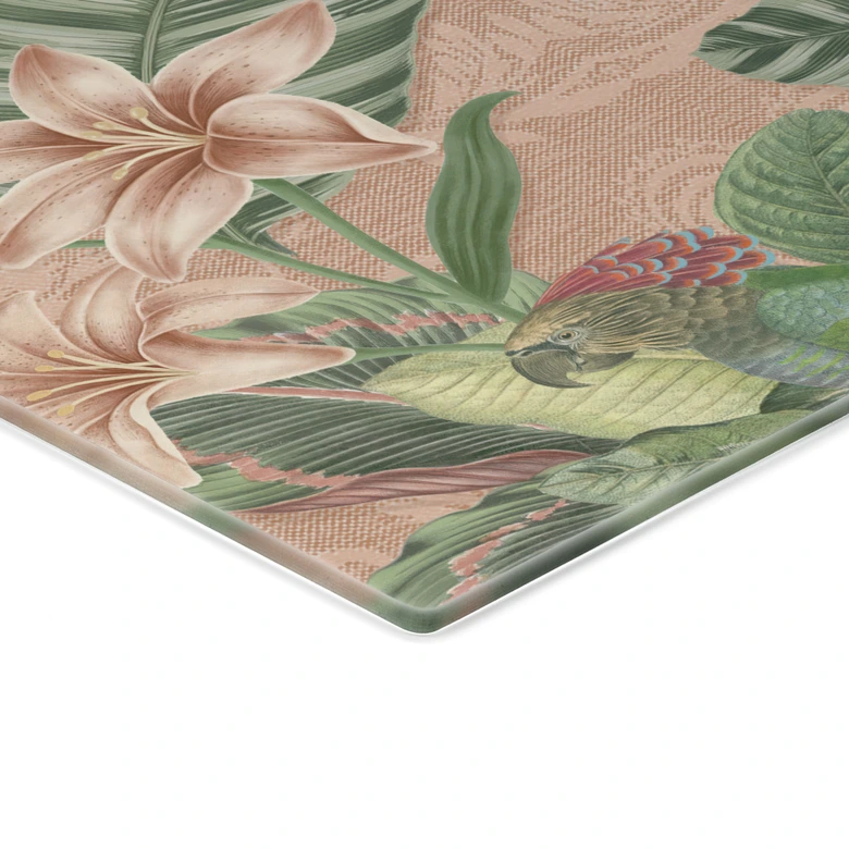 Glasbild Dschungel mit Papageien Rosa - Bloomery Decor - Quadratisch 