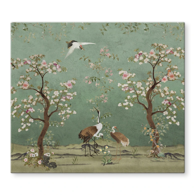 Herdabdeckplatte Kraniche in floraler Landschaft - Bloomery Decor 
