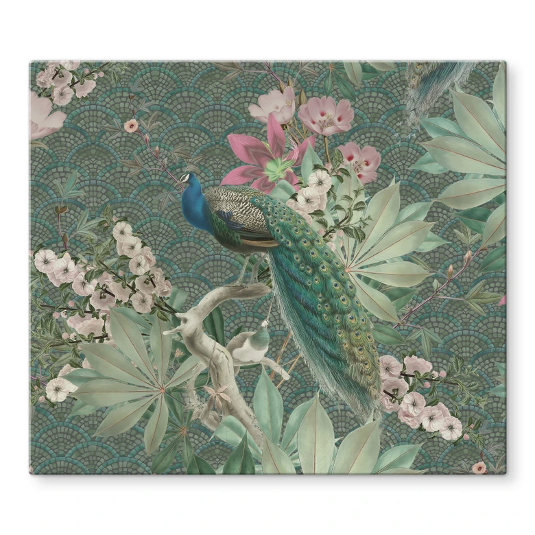 Herdabdeckplatte Pfau im Tropengarten auf Mosaik - Bloomery Decor 