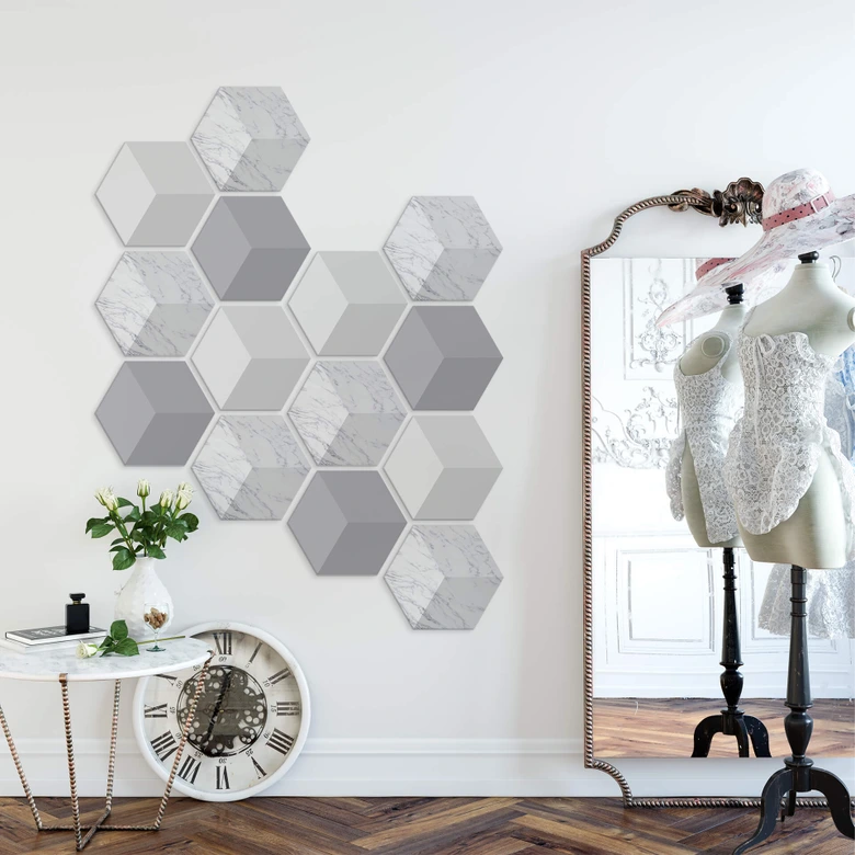 3D Hexagon - Alu-Dibond Set Helles Marmor (7er Set) 