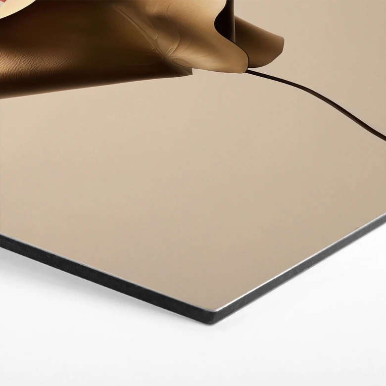 Hexagon Wandbild Elegantes Blatt in Gold und Rot - Alma - Alu-Dibond 