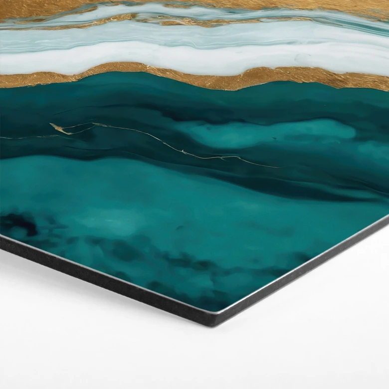 Hexagon Wandbild Marmor-Fluss aus Gold und Jade - Alpenglow Workshop - Alu-Dibond 