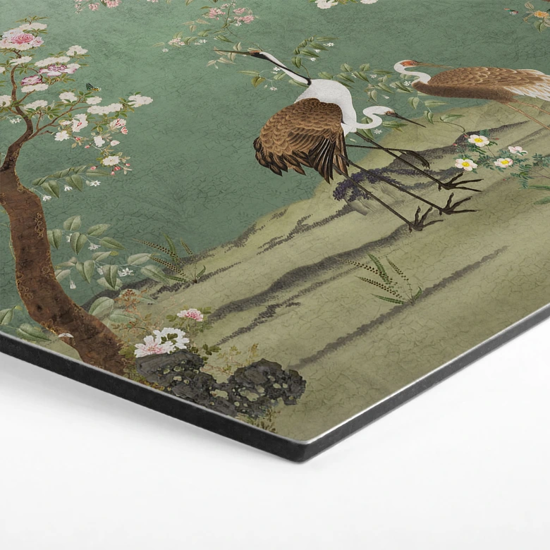 Hexagon Wandbild Kraniche in floraler Landschaft - Bloomery Decor - Alu-Dibond 