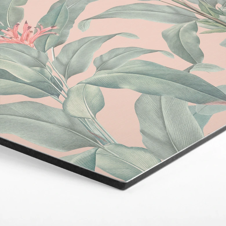 Hexagon Wandbild Urban Jungle Tropenblätter Rosa - Bloomery Decor - Alu-Dibond 