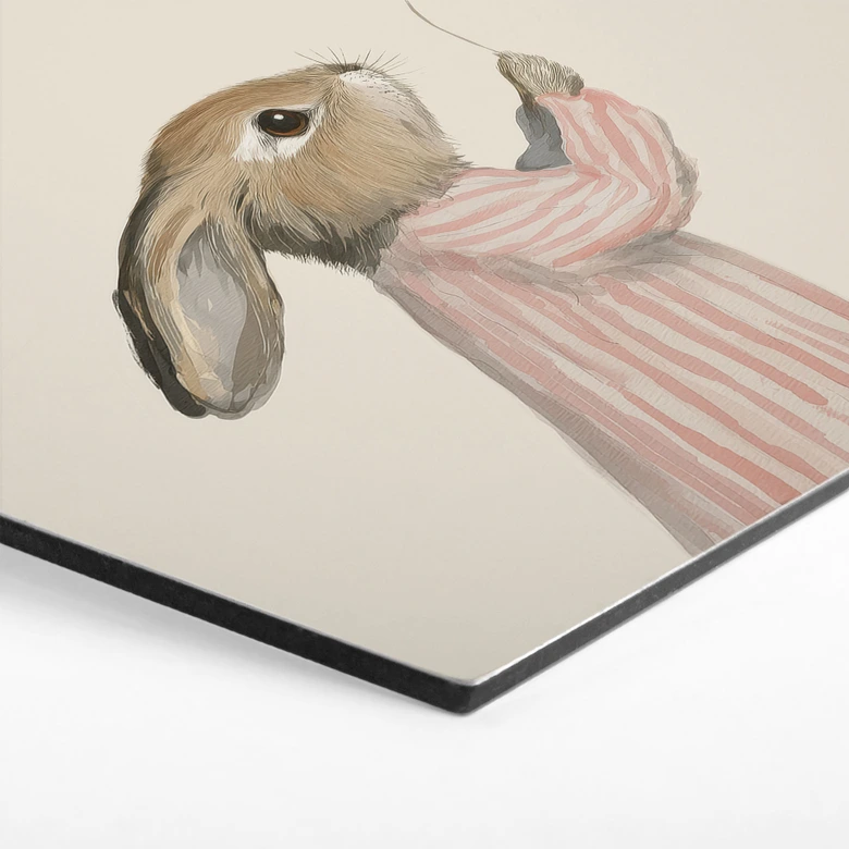 Hexagon Wandbild Süßer Hase mit Luftballon - Treechild - Alu-Dibond 