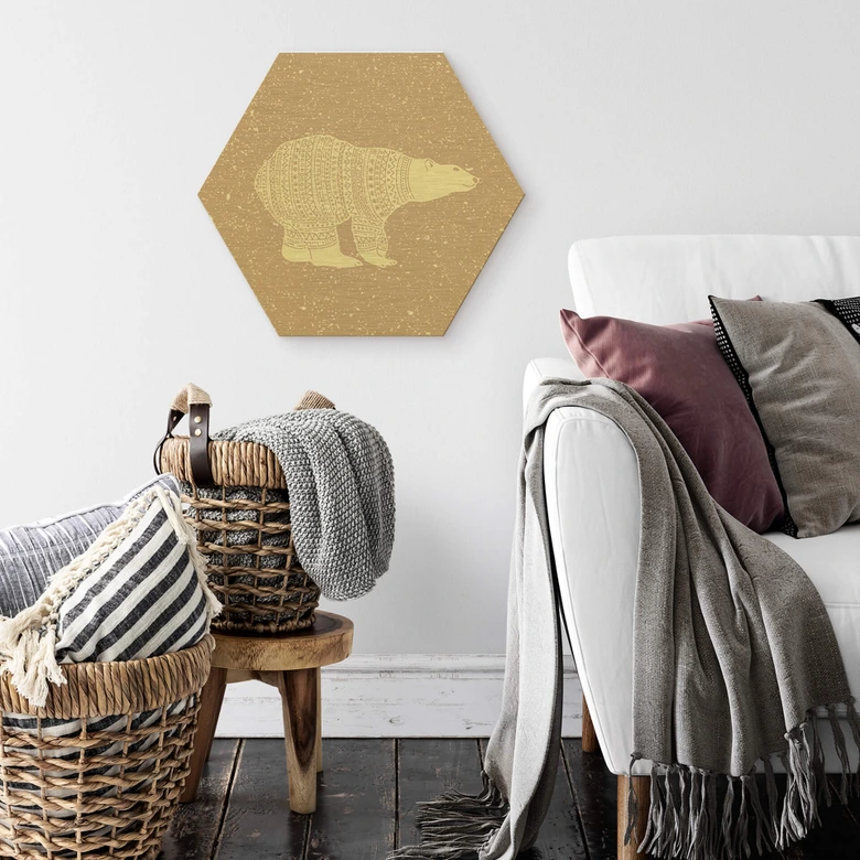 Hexagon - Alu-Dibond-Goldeffekt Polarbär Weiß 
