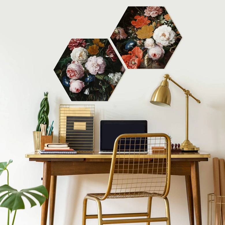 Hexagon - Alu-Dibond Mignon - Stillleben mit Blumen und einer Uhr 
