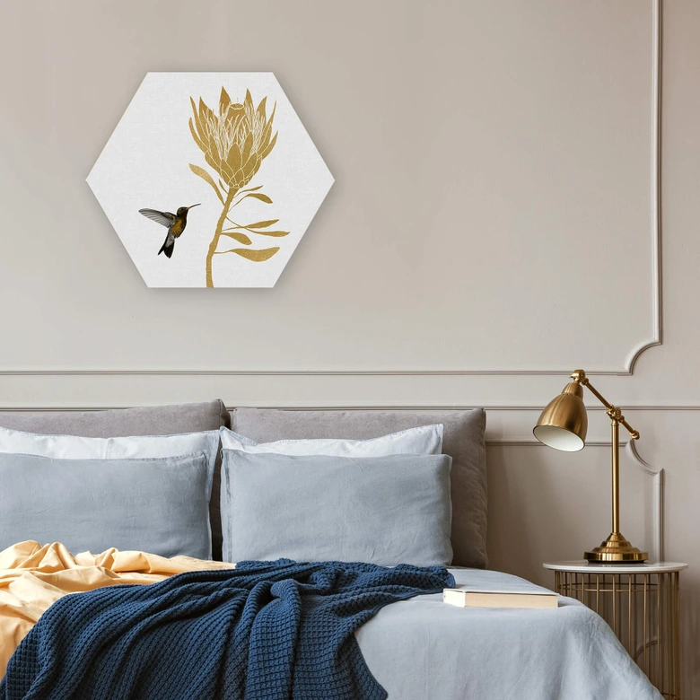 Hexagon - Alu-Dibond Orara Studio - Hummingbird and Flower - goldene Blume 
