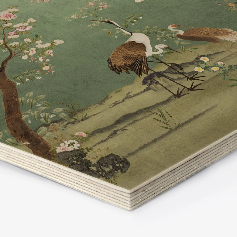 Hexagon Holzbild Kraniche in floraler Landschaft - Bloomery Decor 