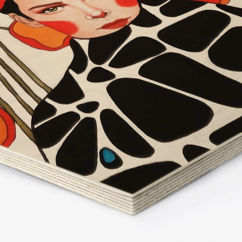 Hexagon Holzbild Frau mit Retro-Mohnblumen - Hülya 