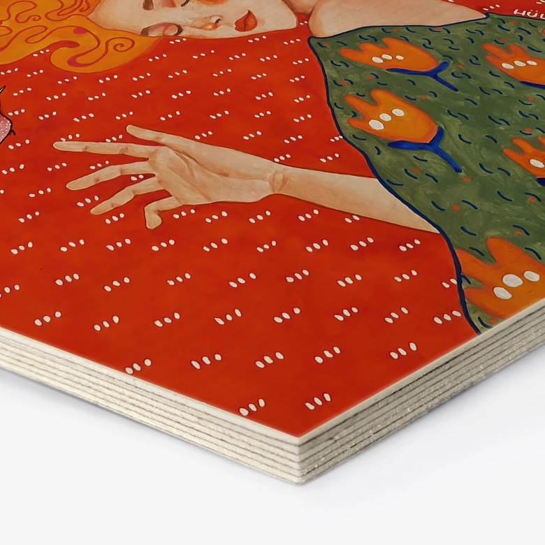 Tableau sur bois hexagonal Colibri et femme dans la lumière rouge - Hülya 