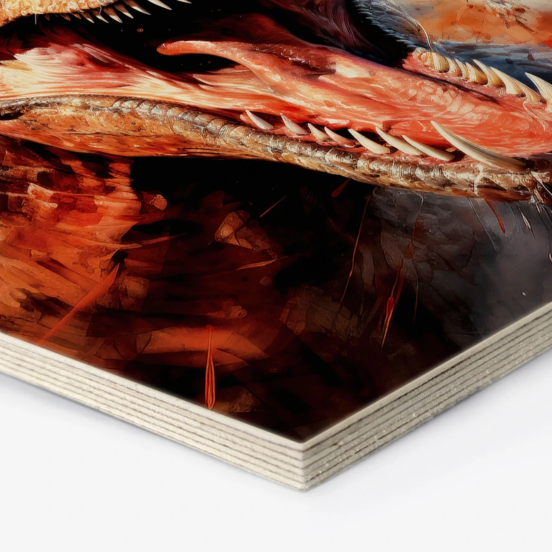 Hexagon Holzbild T-Rex: Das wilde Gesicht der Urzeit - Jaszke 