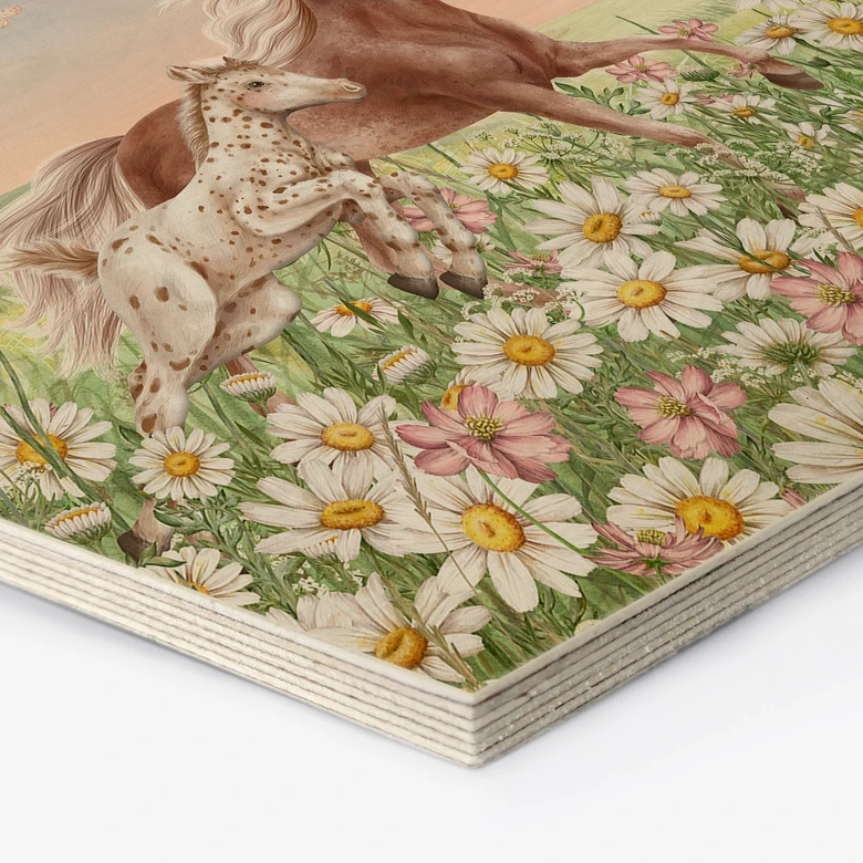 Hexagon Holzbild Pferde auf der Blumenwiese - Kikki Belle 