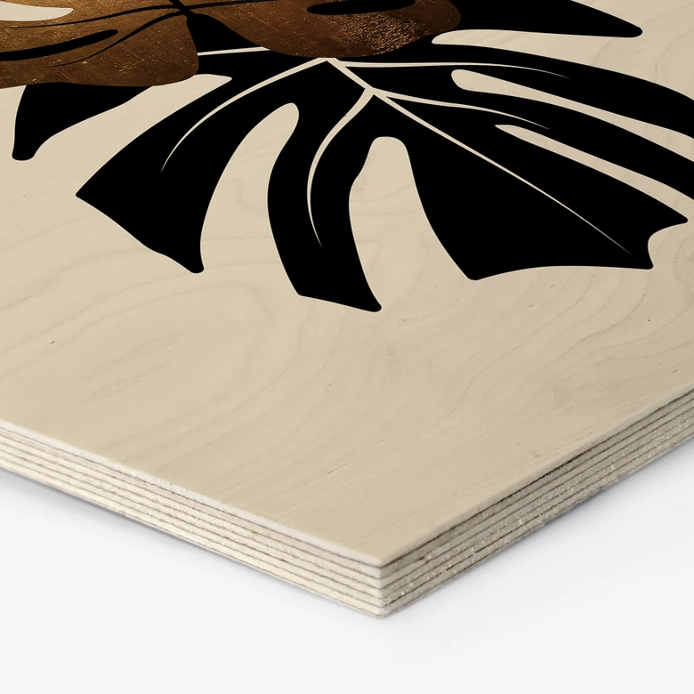 Hexagon - Holz Kubistika - Schwarz-goldene Monstera Blätter 