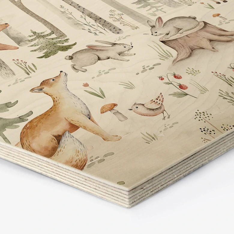 Hexagon Holzbild Abenteuer mit Waldtieren - Kvilis 