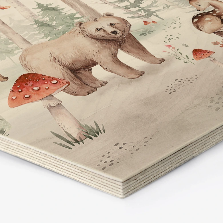 Tableau sur bois Hexagon Animaux de la forêt en automne - Kvilis 