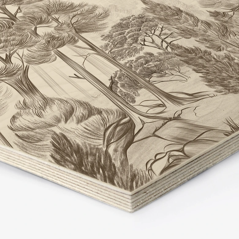 Hexagon Holzbild Wald mit Waldlandschaft in Beige - Ms Tiff 