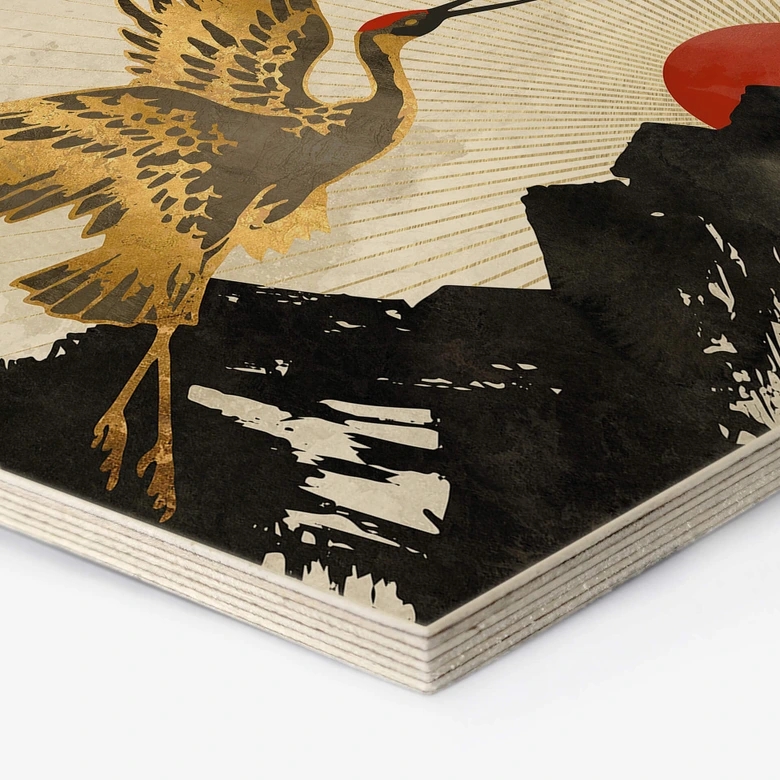 Hexagon Holzbild SpaceFrog Designs - Goldene Kraniche 