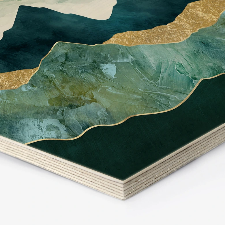 Hexagon Holzbild Sonnige Landschaft in Blau und Gold - SpaceFrog Designs 