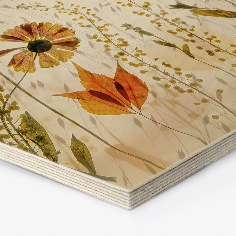 Houten zeshoekige foto Wilde weidebloemen in het zonlicht - Talen 