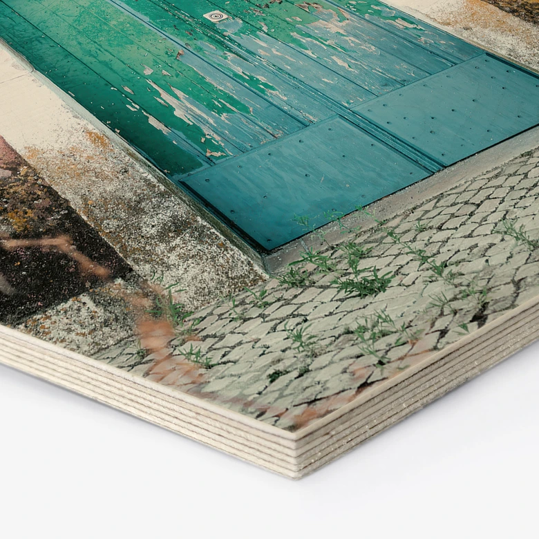 Tableau sur bois Hexagon Façade de maison méditerranéenne à Lisbonne - Zwart 