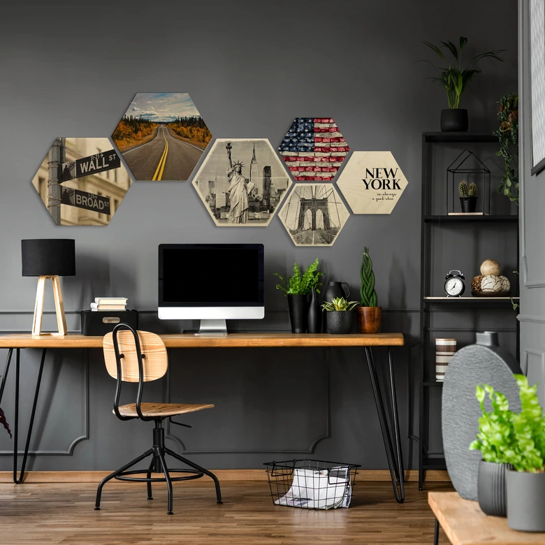 Hexagon - Holz Birke-Furnier - Stars and Stripes Mauer 