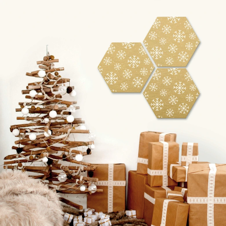 Hexagon - Alu-Dibond Goldeffekt Schneeflocken Eiskristalle Weiß 