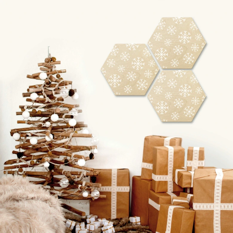 Hexagon - Holz Birke-Furnier Schneeflocken Eiskristalle Weiß 