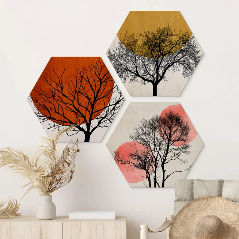 Hexagon Wandbild Kubistika - Warmer Sonnenuntergang Set (3-teilig) - Alu-Dibond 