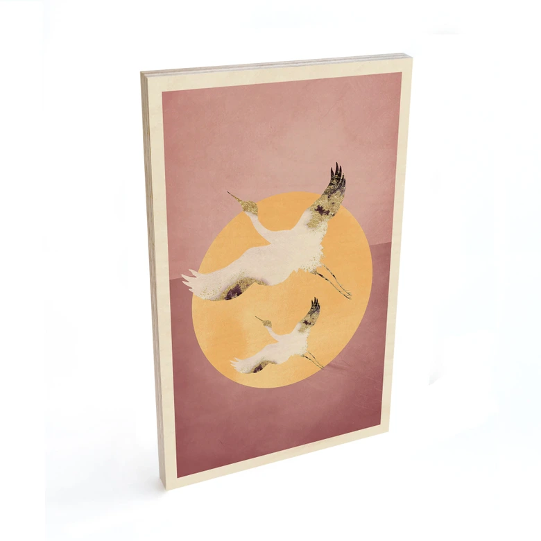 Holzbild Weiß-goldene Kraniche am pinken Himmel - Aureous 