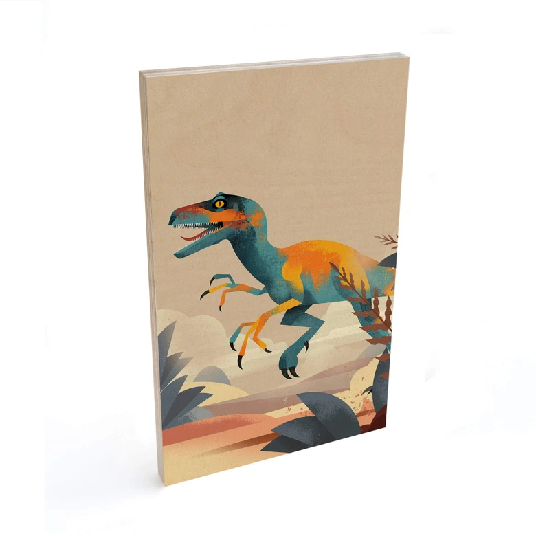 Plakat drewniany Dinozaur - Velociraptor - Brązowy 