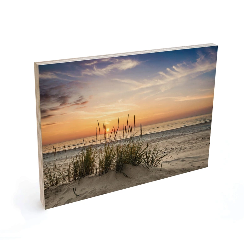 Holzbild Düne am Strand bei Sonnenuntergang 