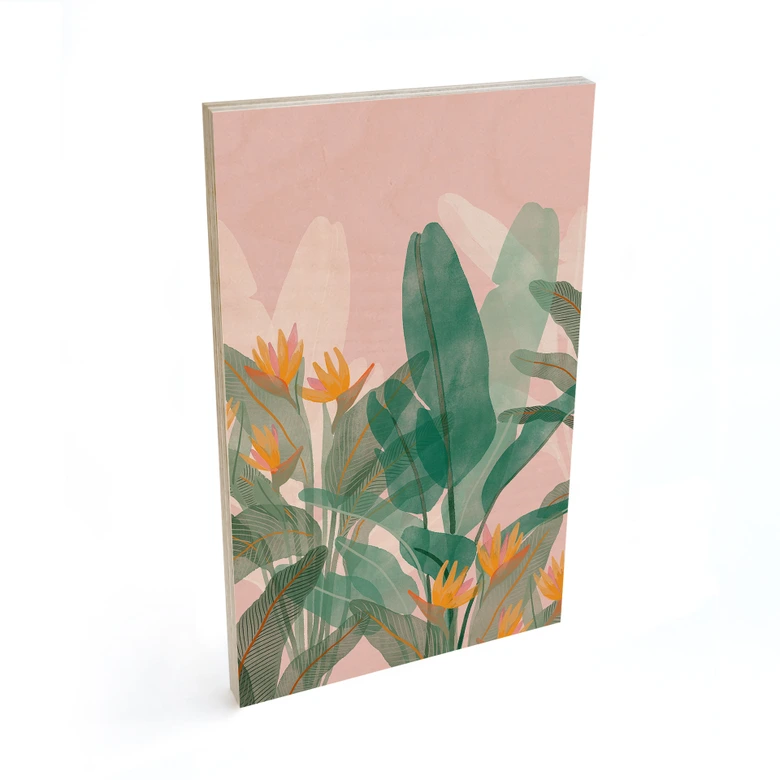 Holzbild Botanische Illustration in Grün und Rosa - Goed Blauw 