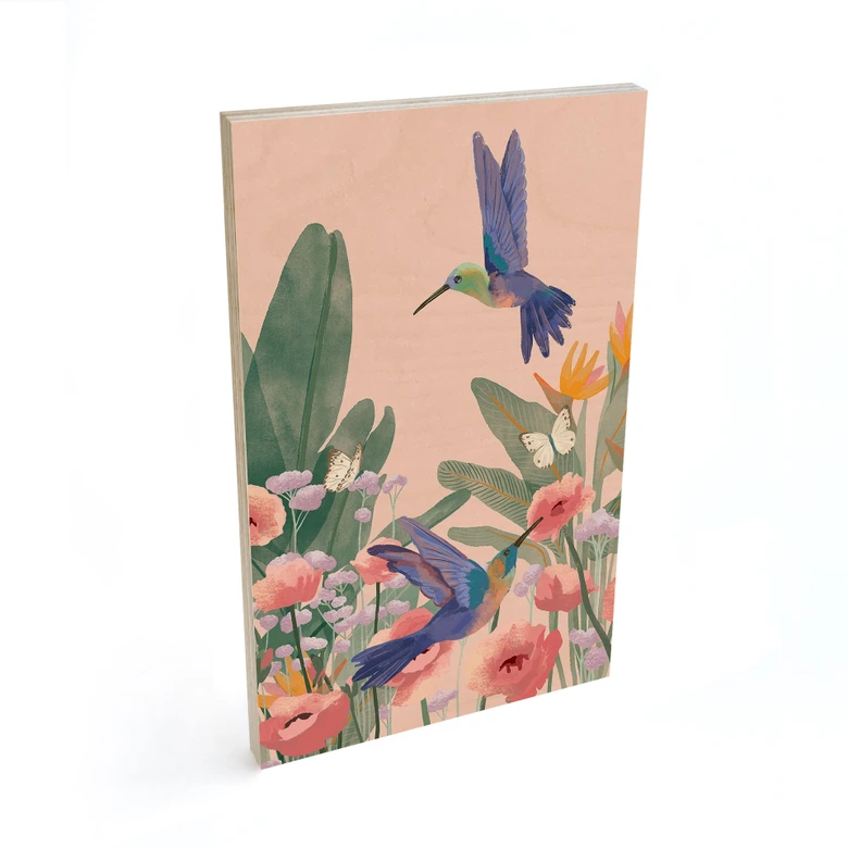 Cuadro de madera Naturaleza Dos colibríes en el prado de flores de colores - Goed Blauw 