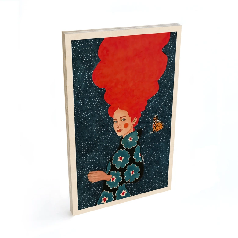 Holzbild Frau im Blumenkleid mit Schmetterling - Hülya 