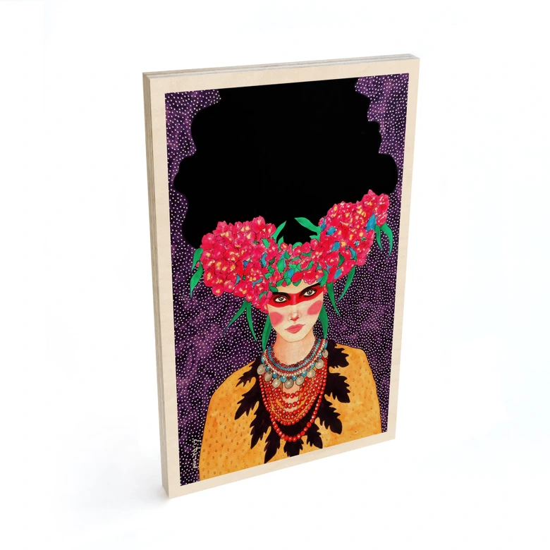 Holzbild Frau mit Blütenkranz und Stärke - Hülya 