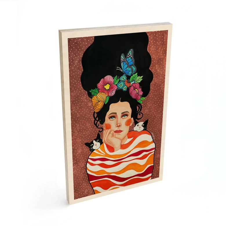 Holzbild Frau mit Blumenkrone und Katzen - Hülya 