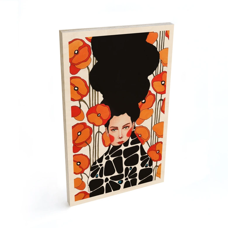 Holzbild Frau mit Retro-Mohnblumen - Hülya 