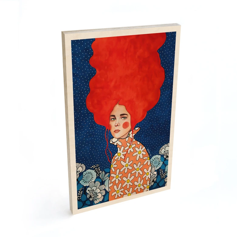 Holzbild Frau mit rotem Haar und Blüten - Hülya 