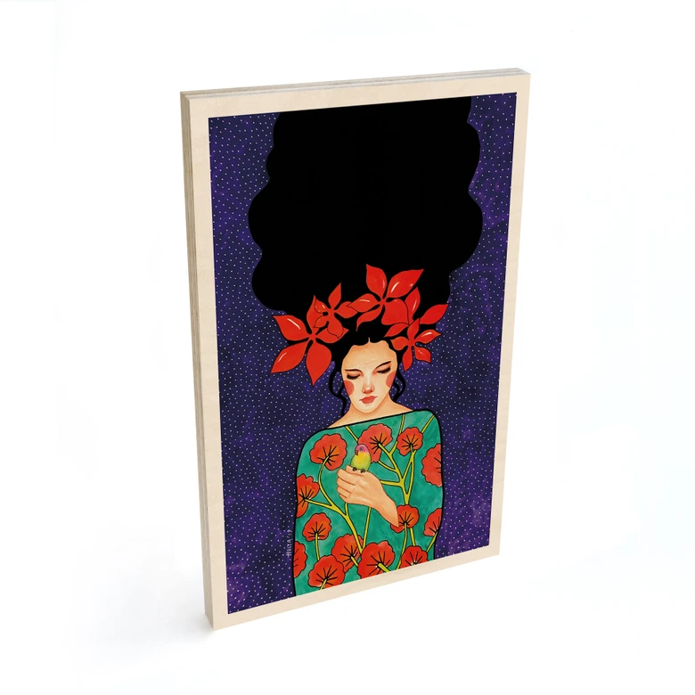 Holzbild Frau mit roter Blütenkrone und Vogel - Hülya 