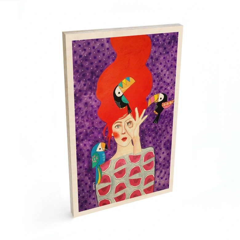 Tableau sur bois Femme avec trio de toucans - Hülya 