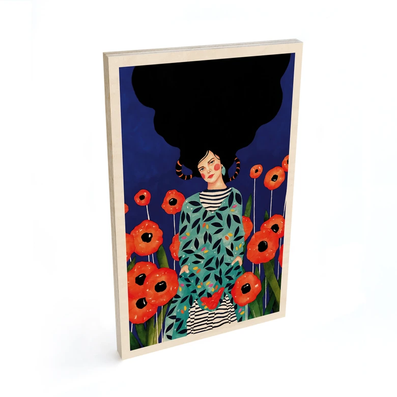 Holzbild Porträt im Mohnblumenfeld - Hülya 