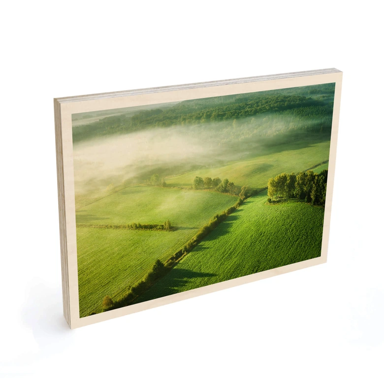 Holzbild Idyllische Felder im Nebel - Keller 