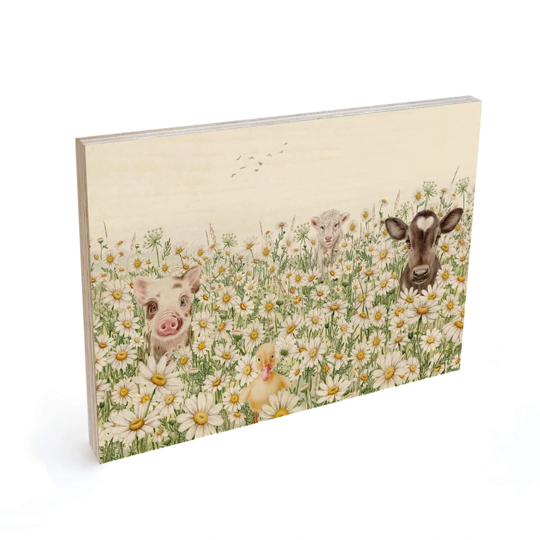 Holzbild Bauernhoftiere auf der Blumenwiese - Kikki Belle 