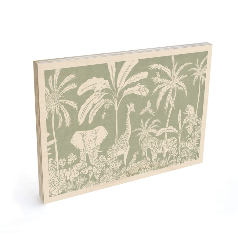 Cuadro de madera de animales de la selva en verde tropical - Kikki Belle 