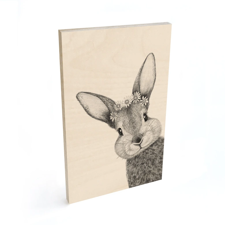 Holzbild Niedlicher Hase mit Kamillenblumen - Korenkova 