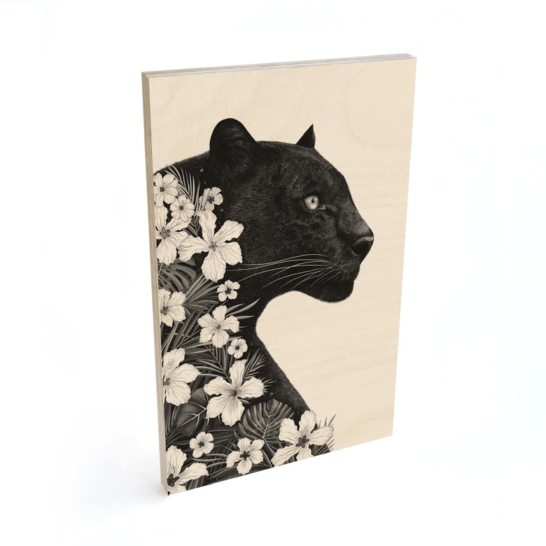 Cuadro de madera pantera negra con flores blancas - Korenkova 